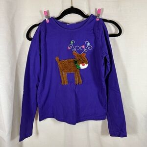 Hanna Andersson 150 Girls Long Sleeve Purple Reindeer Tee Top Shirt EUC